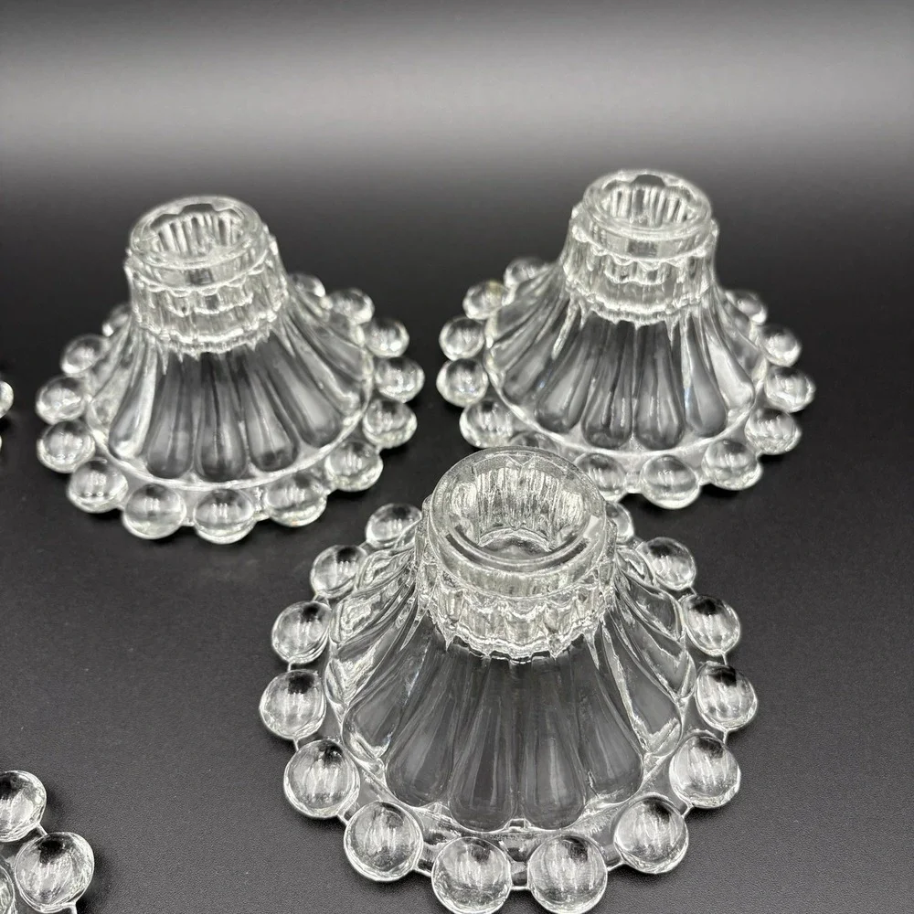 Anchor Hocking Berwick Boopie Clear Candlesticks Set Of  5 Beaded‎ Glass MCM